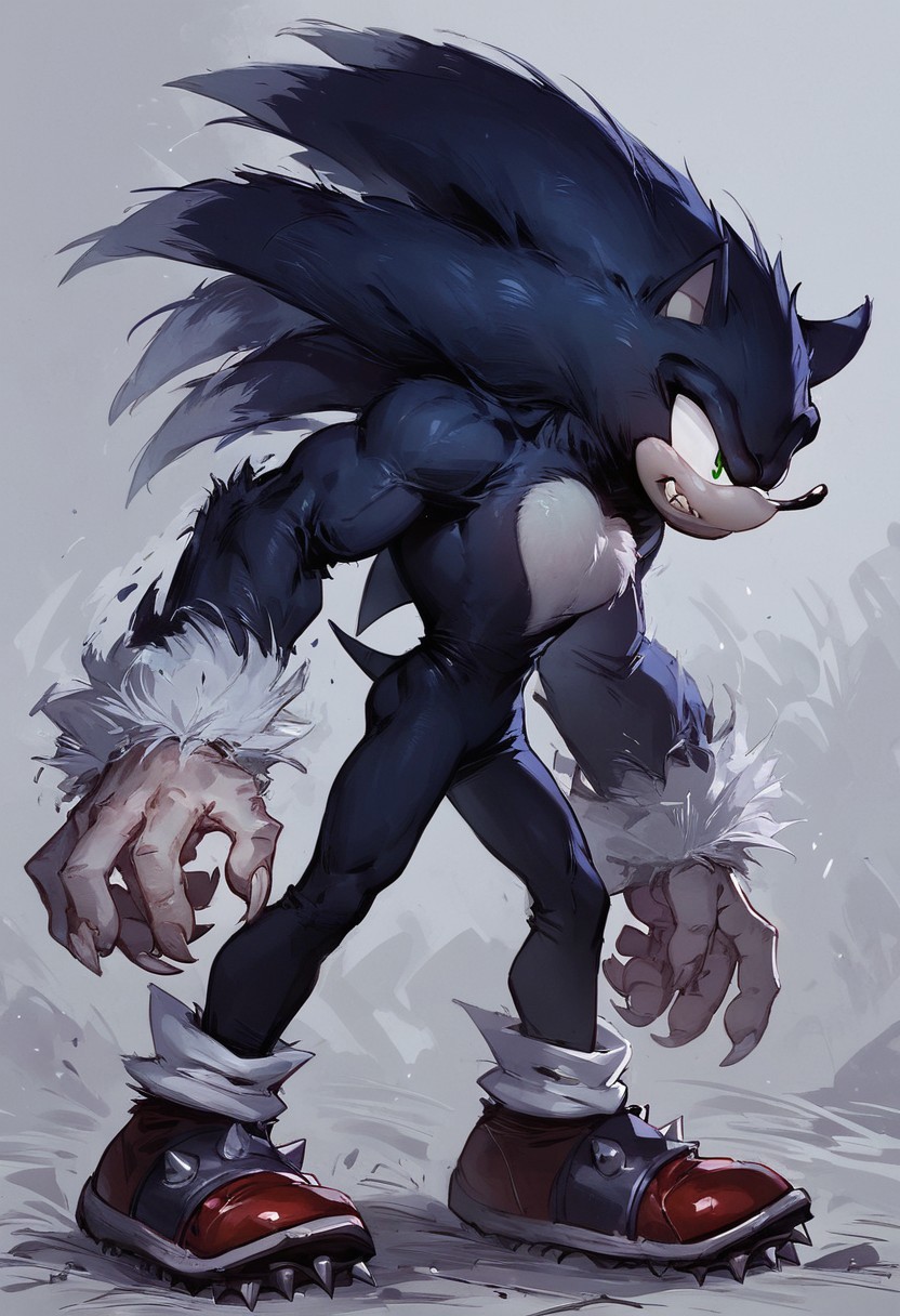 score_9, score_8_up, score_7_up, high quality, Solo, 1boy, Sonic_W, Green eyes, fangs, claws, fur, big eyes, big hands, red sneakers, spikes on shoes, White fur on chest, muscles, wide hips, thin waist, sexy, dark castle, posing, side view,