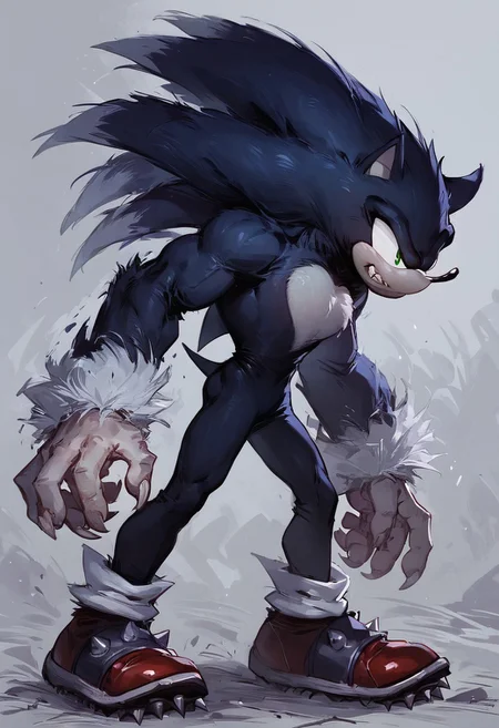 score_9, score_8_up, score_7_up, high quality, Solo, 1boy, Sonic_W, Green eyes, fangs, claws, fur, big eyes, big hands, red sneakers, spikes on shoes, White fur on chest, muscles, wide hips, thin waist, sexy, dark castle, posing, side view,