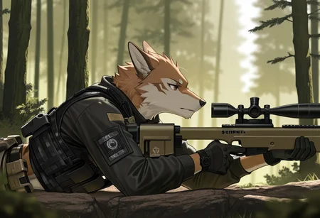 score_9, score_8_up, score_7_up, score_6_up, score_5_up, score_4_up, male, 2d, flat_colors, upper_body, portrait, male, furry, (wolf:1), toned, masculine, (((large black jacket))), ((black tactical gear:1.5)) ((tactical:1.5)) ((plate carrier vest)) (((tactical vest))), (((tactical utility belt))), holding ranged weapon, ((((sniper rifle:1.7)))) ((focused)), cinematic, brown_eyes, solo, detailed_fur, body_fur, ((forest)), male, furry, B2B style, Bad2Bad style, masterpiece, best quality, amazing quality, very aesthetic, high resolution, ultra-detailed, absurdres, newest, scenery, depth of field, photorealistic details, volumetric lighting, ((prone, on stomach)), aiming, profile, side view