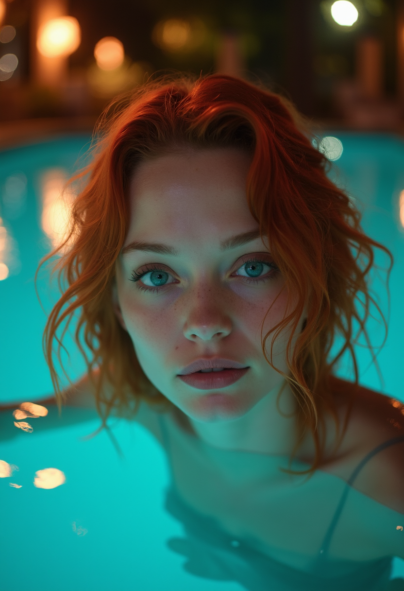 a highly detailed, professional photograph featuring a young woman submerged up to her shoulders in a pool at night, the woman has fair skin and striking red, wavy hair that cascades around her shoulders, her eyes are large and expressive, with a vivid blue hue, and her lips are full and naturally pink, she has a delicate, almost ethereal facial structure with high cheekbones and a slight blush on her cheeks, giving her a youthful and radiant appearance, the background is blurred, with bokeh lights in various colors, creating a dreamy, ethereal atmosphere, the pool water is a vibrant turquoise, reflecting the lights and creating a mirror-like effect around her, reflecting her face on the surface of the pool, not showing what's underwater, the overall composition is dynamic, with the woman's head and shoulders partially submerged in the water, and the background slightly out of focus, adding depth and a sense of mystery to the image, the lighting is soft and diffused, enhancing the ethereal quality of the scene