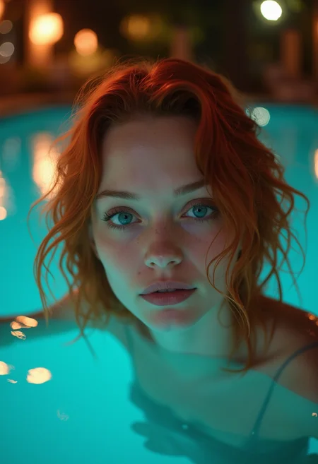 a highly detailed, professional photograph featuring a young woman submerged up to her shoulders in a pool at night, the woman has fair skin and striking red, wavy hair that cascades around her shoulders, her eyes are large and expressive, with a vivid blue hue, and her lips are full and naturally pink, she has a delicate, almost ethereal facial structure with high cheekbones and a slight blush on her cheeks, giving her a youthful and radiant appearance, the background is blurred, with bokeh lights in various colors, creating a dreamy, ethereal atmosphere, the pool water is a vibrant turquoise, reflecting the lights and creating a mirror-like effect around her, reflecting her face on the surface of the pool, not showing what's underwater, the overall composition is dynamic, with the woman's head and shoulders partially submerged in the water, and the background slightly out of focus, adding depth and a sense of mystery to the image, the lighting is soft and diffused, enhancing the ethereal quality of the scene