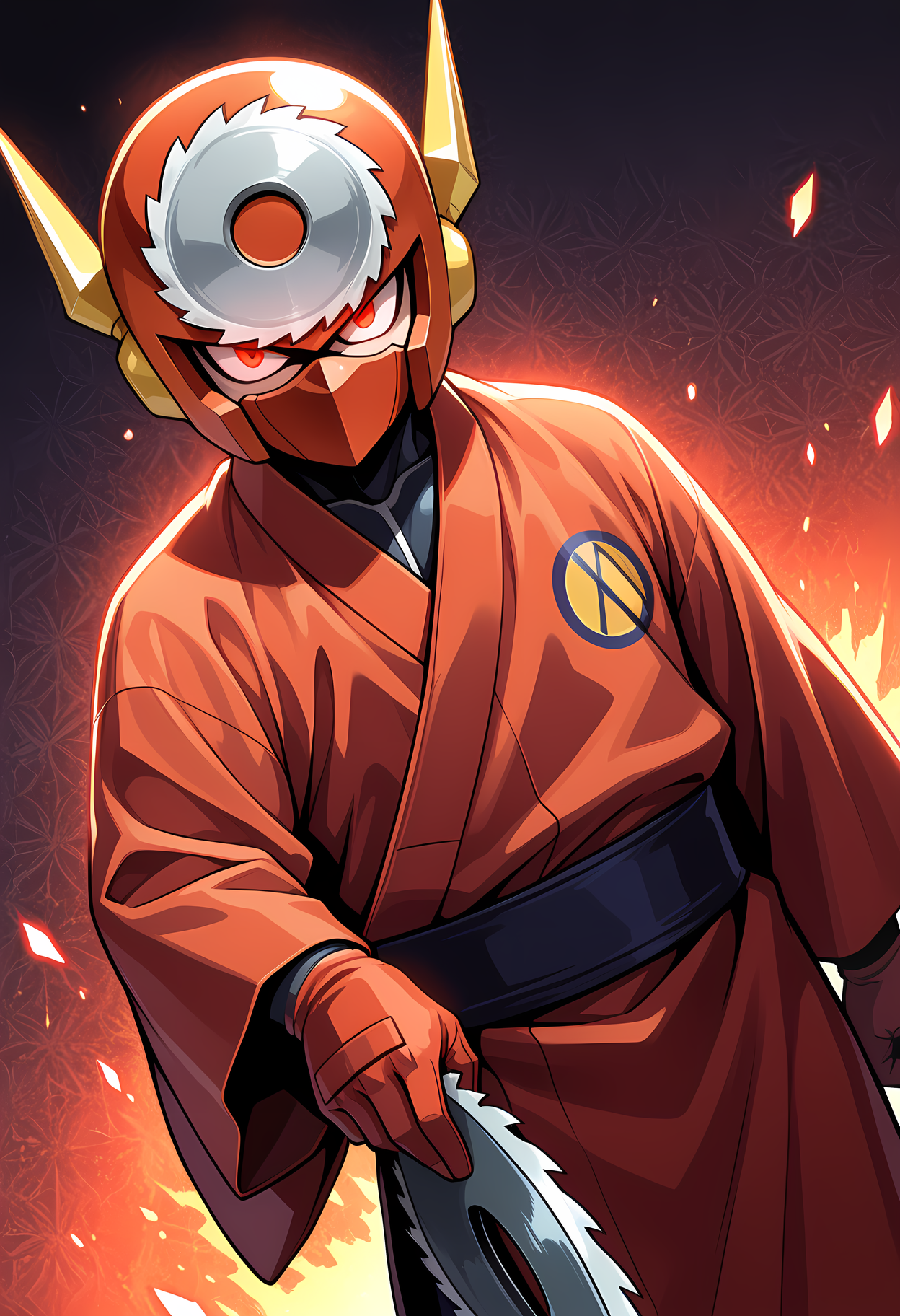 masterpiece, best quality, amazing quality, dutch angle, abstract background, BREAK
1boy, solo, male focus, mm2_metal, helmet, mask, red eyes, yukata, japanese clothing, saw blade, BREAK
<lora:cfg_scale_boost:.6>  <lora:DWN-009_Metal_Man_-_Mega_Man_2_-_ILXL:1>