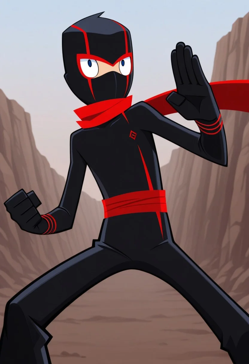 masterpiece,best quality,amazing quality,
RandyCunningham, 1boy, male focus, solo, blue eyes, ninja, mask, black bodysuit, scarf, red scarf, outdoor, fighting stance,