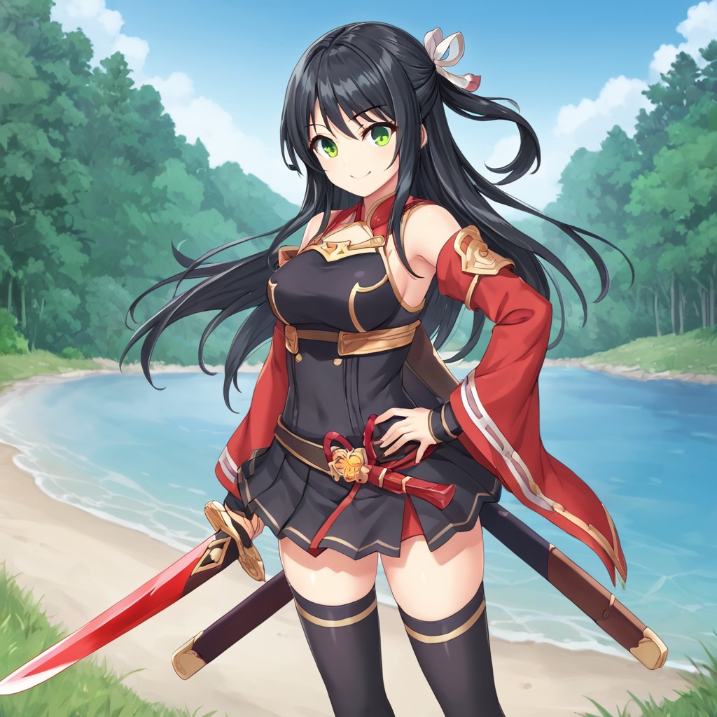 BREAK,weapon, mosaic censoring, break, green eyes, blue eyes, day, sword, hand on hip, black thighhighs, smile