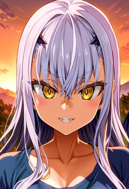 1 girl, Melusine, Fate Grand Order, alone, smile, small breasts, gray hair, hair between eyes, yellow eyes, bangs, long hair, sunset, sunset, beautiful, masterpiece, simple background, best quality, detailed image, detailed face, perfect lighting, perfect shadows, perfect eyes, perfect hair, perfect butt, painted lips, big thighs, thick thighs, perfect thighs, casual wear, tight jeans, white and blue t-shirt, short demon tail, full body, asanagi style