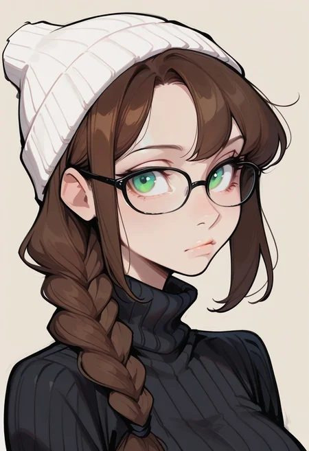 {{masterpiece,best quality,amazing quality,absurdres}}, {{flat shading, cel shading}},
BREAK
1girl, solo, simple background, portrait, upper body, brown hair, bangs, single braid, white beanie, black glasses, green eyes, black sweater, turtleneck, ribbed sweater, expressionless