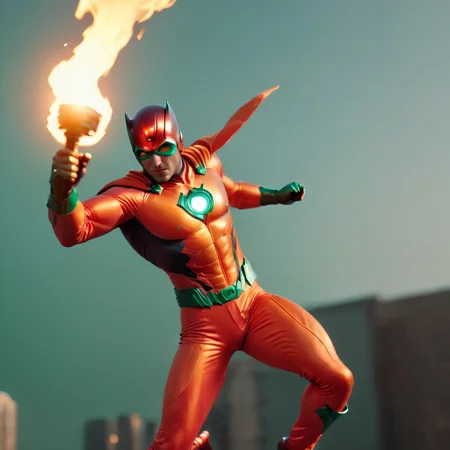 <lora:SDXL_Superhero:1> SupHerSup, Dynamic Action Shot of handsome man, superhero , in Red Orange and Viridian suit holding a torch <lora:PerfectEyesXL:0.8> perfecteyes,<lora:add-detail-xl:0.8>, sharp focus, 16K, (subsurface scattering:0.9) 4k, UHD, ultrarealistic photo, full body shot, 4k, UHD, ultrarealistic photo, full body shot,
