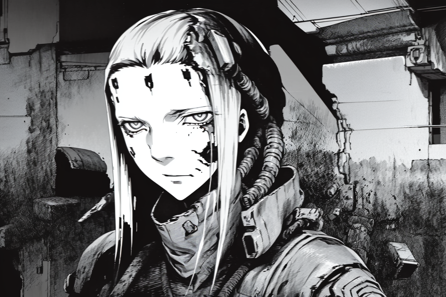 cyborg, (wide open eyes:1.2), (melted by acid), (cracks on face:1.2), melted metal, (open wounds), infestation, infection, contamination, (explosion marks on the body), (torn skin), smirk512,
full upper body shot,
dim light, heavy black and white, (old film, faded film) (dim lit room:1.4)
<lora:Blame!:1>,  <lora:bodhor:0.3>,  , <lora:epiNoiseoffset_v2:1.2> , <lora:otoyomegatari:1>