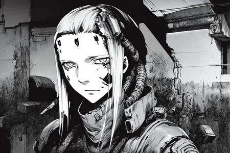 cyborg, (wide open eyes:1.2), (melted by acid), (cracks on face:1.2), melted metal, (open wounds), infestation, infection, contamination, (explosion marks on the body), (torn skin), smirk512,
full upper body shot,
dim light, heavy black and white, (old film, faded film) (dim lit room:1.4)
<lora:Blame!:1>, <lora:bodhor:0.3>, , <lora:epiNoiseoffset_v2:1.2> , <lora:otoyomegatari:1>