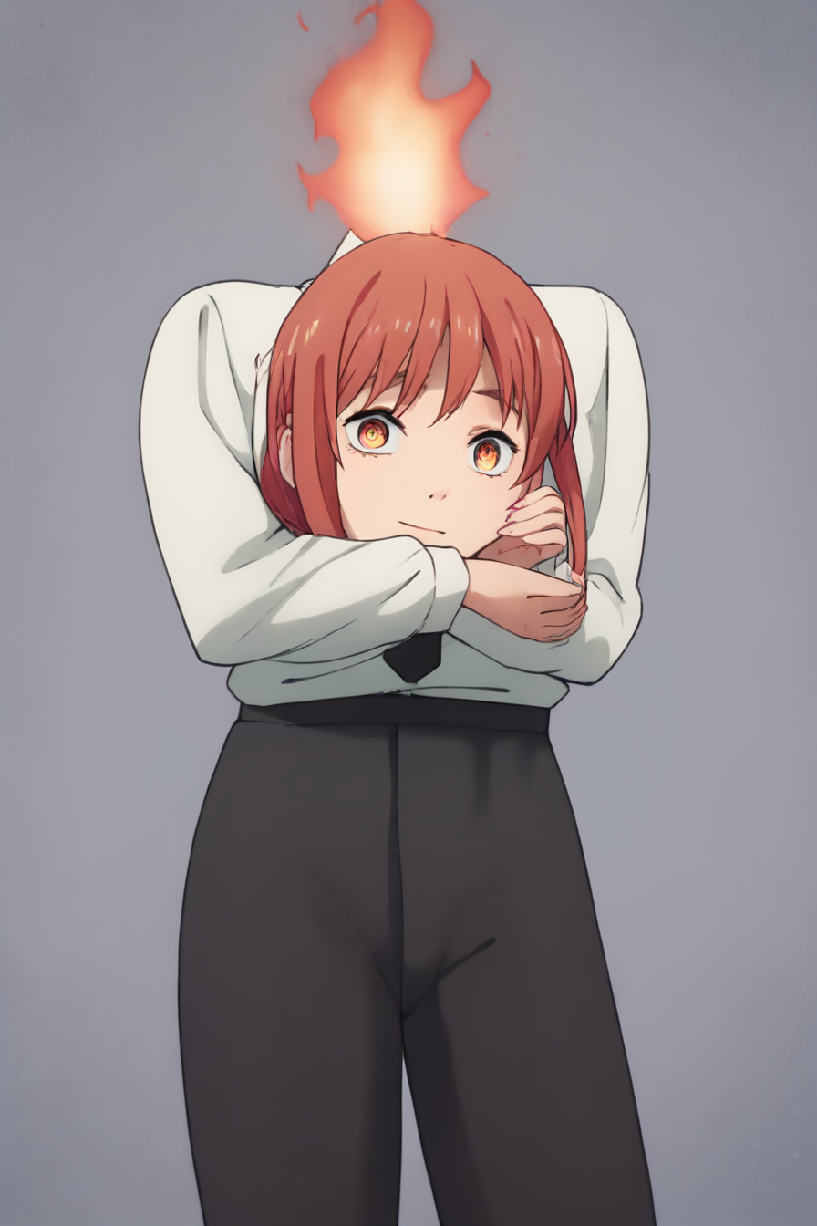 score_9, score_8_up, score_7_up, score_6_up, score_5_up, score_4_up,  <lora:mak1ma0XL_Pony_v1:0.8> , mak1ma0, red hair, long hair, ringed eyes, white collared shirt,black necktie,black pants, 1girl, alone, <lora:character_dullahan:1>, headless,  fire on neck, black fire, holding head, disembodied head, holding detached head, masterpiece, highres, highly detailed face