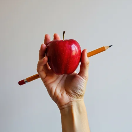 A Hand holding a pencil and an apple