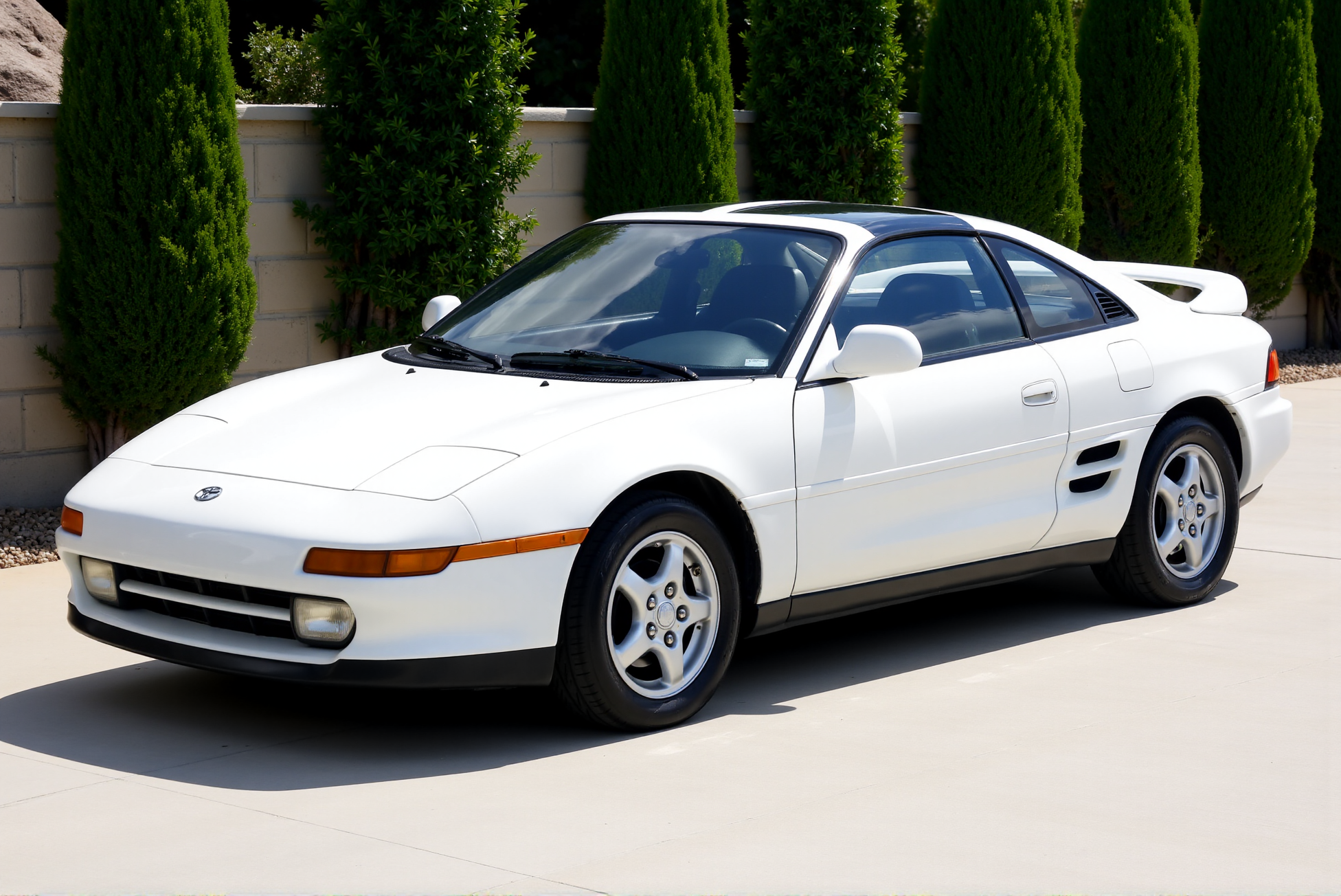 <lora:Toyota_MR2_SW20:0.8> 
A clean white Toyota MR2 SW20 photographed on smooth pavement against a backdrop of trimmed greenery and stone walling, captured under bright, diffused daylight. The factory body lines are accentuated by the fresh white paint, which reflects a crisp sky with soft gradients. The signature rounded headlamps and low nose give the car a friendly but purposeful look, while the arched rear spoiler adds balance to the rear silhouette. Classic multi-spoke wheels in white match the body and emphasize symmetry, with tight wheel fitment and subtle drop in stance. The reflections along the doors and hood are minimal, allowing the curvature of the bodywork to stand out naturally. The setting evokes calm and restraint, showcasing the MR2âs legendary shape in its most authentic form, as if freshly rolled off the production line, harmonized with the surrounding landscape.