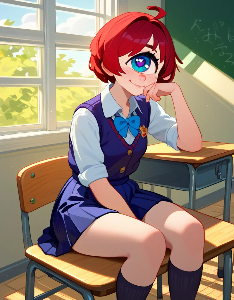 zPDXL2, <lora:MonoeyeV1:1>, m0noeye, monoeye, cyclops,
1girl, cute face, detailed eye, heart shaped eye, schoolgirl uniform, sitting in a classroom