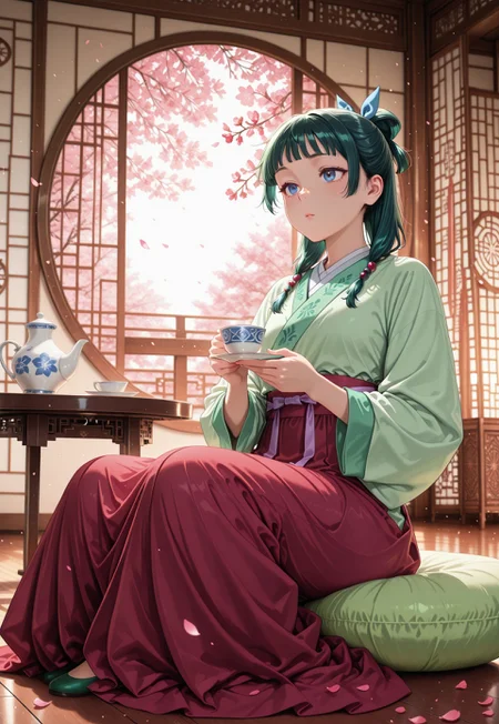 lazypos, 
realistic,
ADMao2, 1girl, green hair, blue eyes, freckles, flat chest, defaulthairstyle, low twintails, half updo, hair beads, blue hair bow, hair over shoulder, defaultoutfit, green aoqun, red long skirt, green flats,
BREAK
indoors, holding a porcelain teacup, sitting on a fluffy round cushion, bamboo screen, ornate wall, table, circle window, wooden floor, open window, spring garden view, plum blossoms, floating petals,
BREAK
masterpiece, best quality, extremely detailed, intricate detail,
newest, vivid, dynamic composition, dynamic lighting, volumetric lighting, very aesthetic, absurdres, vibrant colors, soft shadows, depth of field, perspective,

