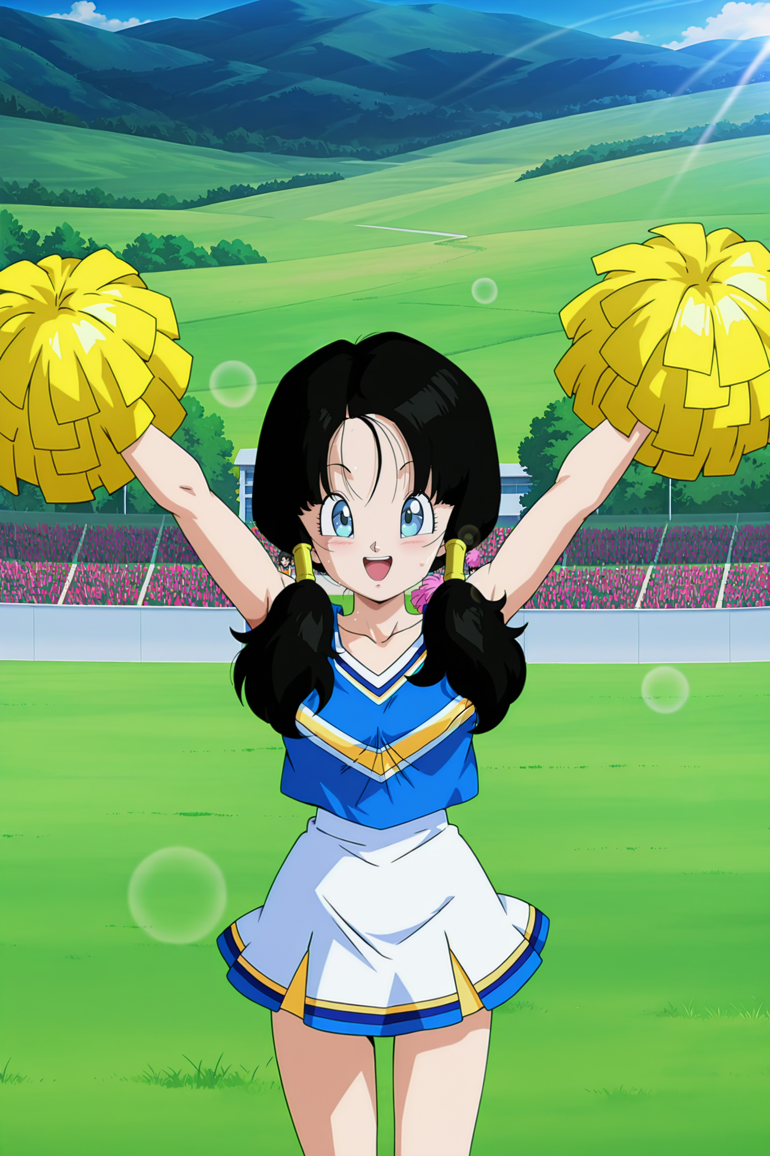 anime screencap, absurdres, high quality, official style,
official style, videl, twintails, long hair, black hair, hair tubes, blue eyes, pom pom \(cheerleading\), cheerleader, miniskirt, cheering, field, grass, mountainous horizon, dappled sunlight, crowd, lens flare, 
 <lora:Videl:0.8>