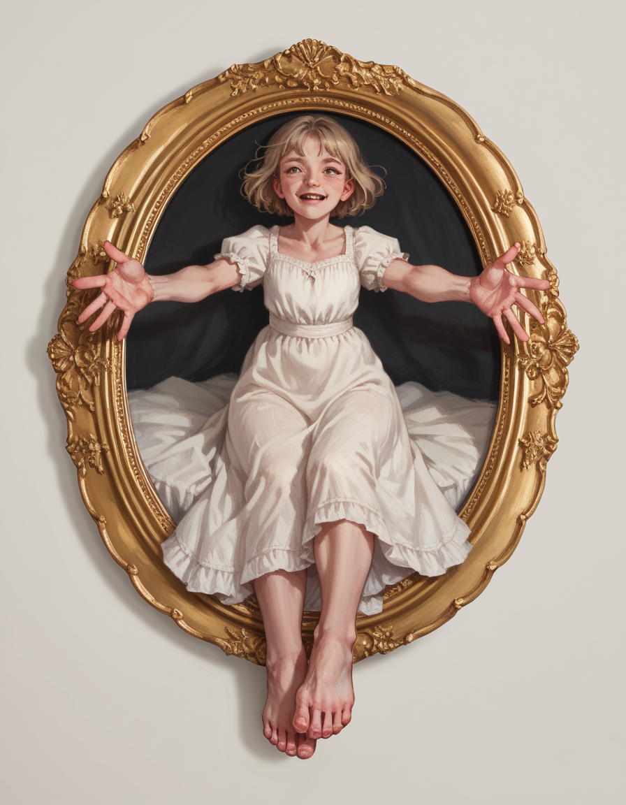 score_9, score_8_up, score_7_up, score_6_up, score_5_up, score_4_up, hud_3dfr4me, 1girl, dress, reaching arms, feet, picture frame <lora:framed:0.8>,
