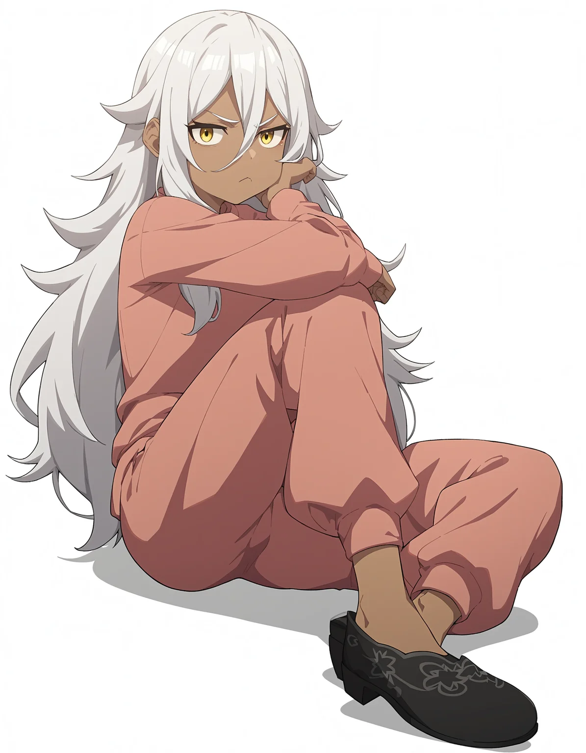 score_9,score_8_up,score_7_up,full body,white background,simple background,looking at viewer,bored,bottomless,pajamas,<lora:namu_pony:0.6>,namu snowbreak,1girl,solo,long hair,dark-skinned female,dark skin,white hair,hair between eyes,yellow eyes,pout,petite,<lora:Anime_Screencap:1>,anime screencap,the_only_shoe,