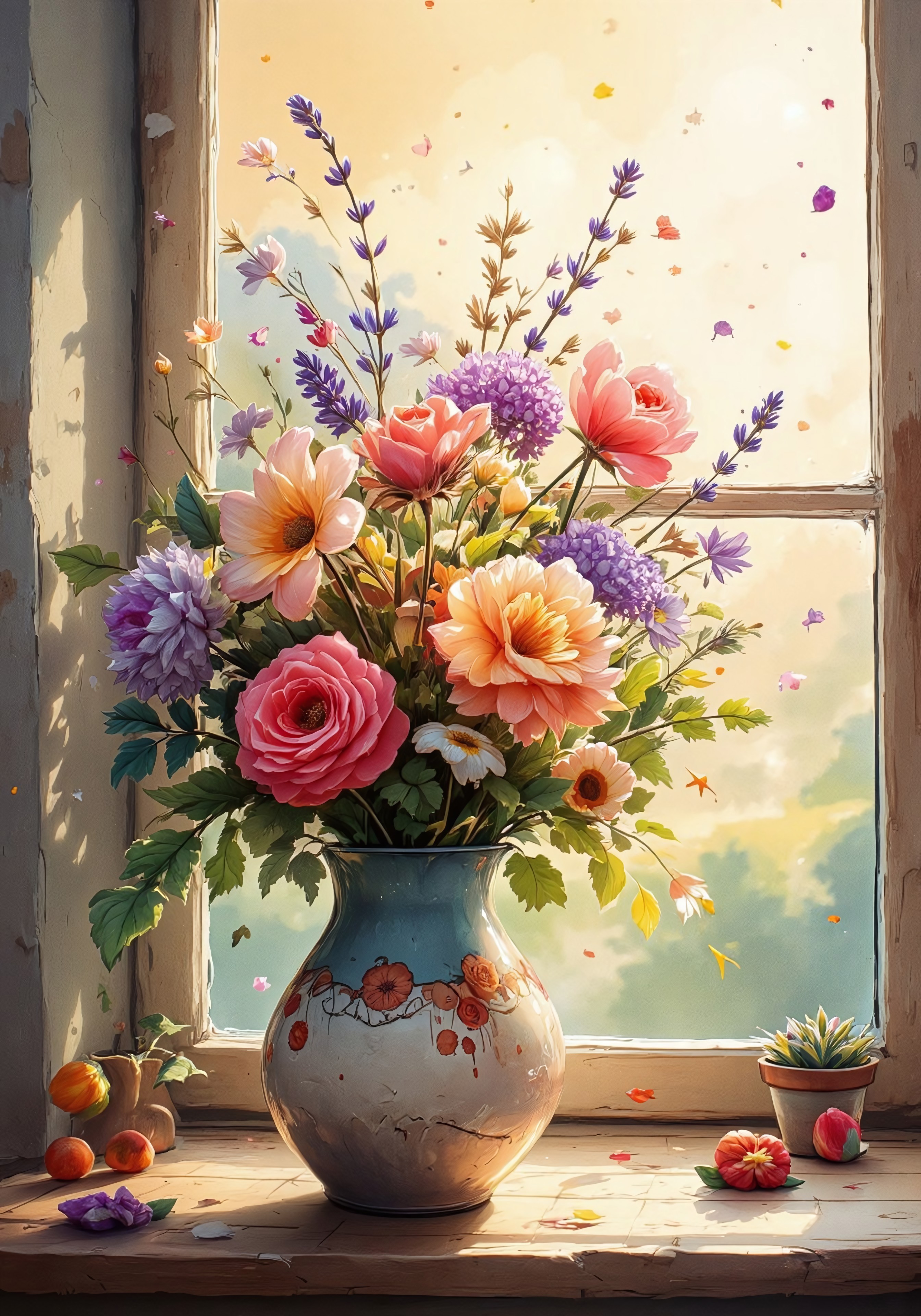 in the style of Jedwtrsk, watercolor, sketch, A beautifully crafted ceramic vase filled with a variety of vibrant flowers—roses, daisies, tulips, and lavender—sits gracefully on a windowsill. The window overlooks a serene countryside landscape. Warm golden and pink hues from the setting sun flood the room, casting soft shadows and highlighting the textures of the petals and leaves. The light creates a cozy, peaceful atmosphere, with gentle reflections on the glass window