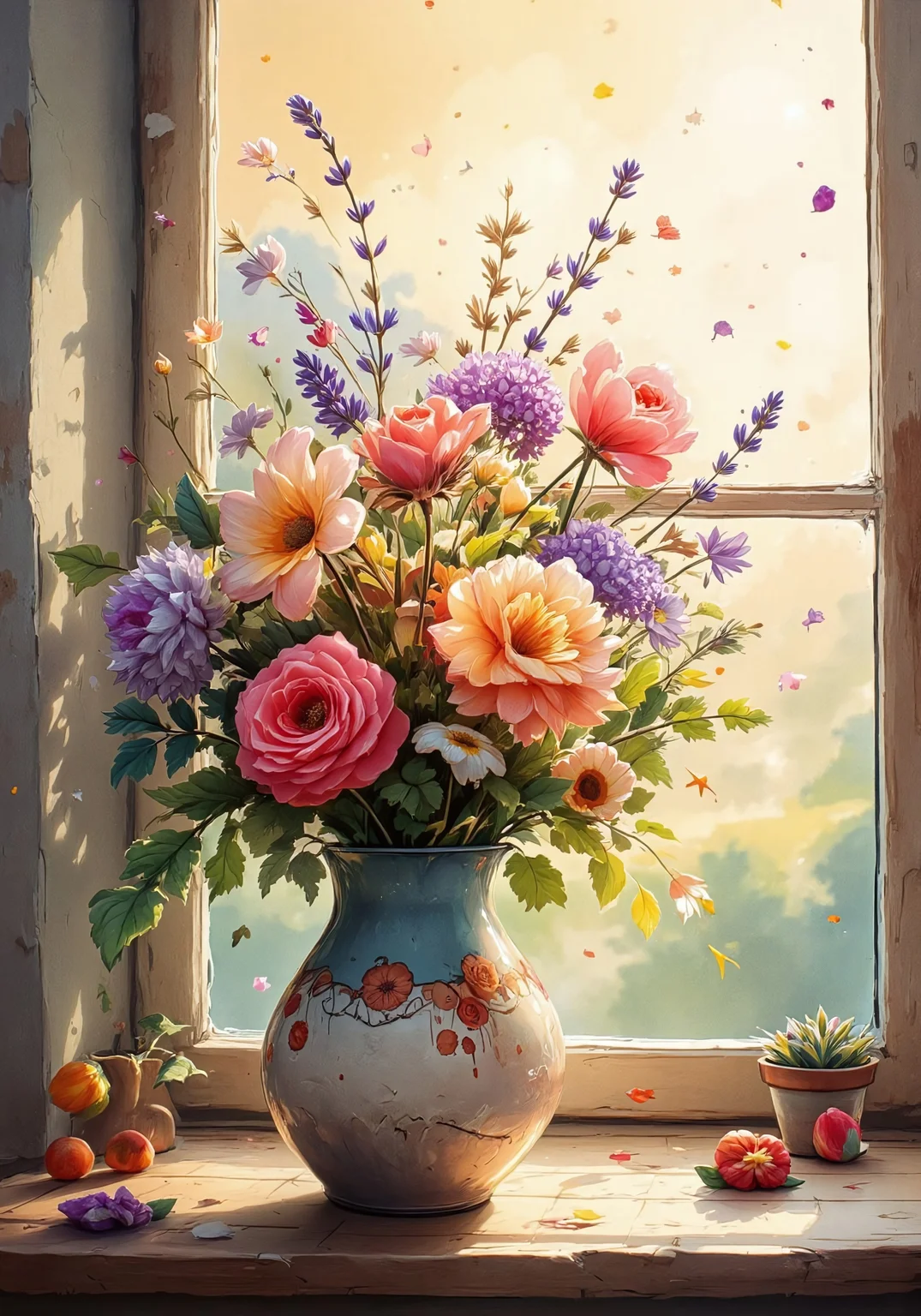 in the style of Jedwtrsk, watercolor, sketch, A beautifully crafted ceramic vase filled with a variety of vibrant flowers—roses, daisies, tulips, and lavender—sits gracefully on a windowsill. The window overlooks a serene countryside landscape. Warm golden and pink hues from the setting sun flood the room, casting soft shadows and highlighting the textures of the petals and leaves. The light creates a cozy, peaceful atmosphere, with gentle reflections on the glass window