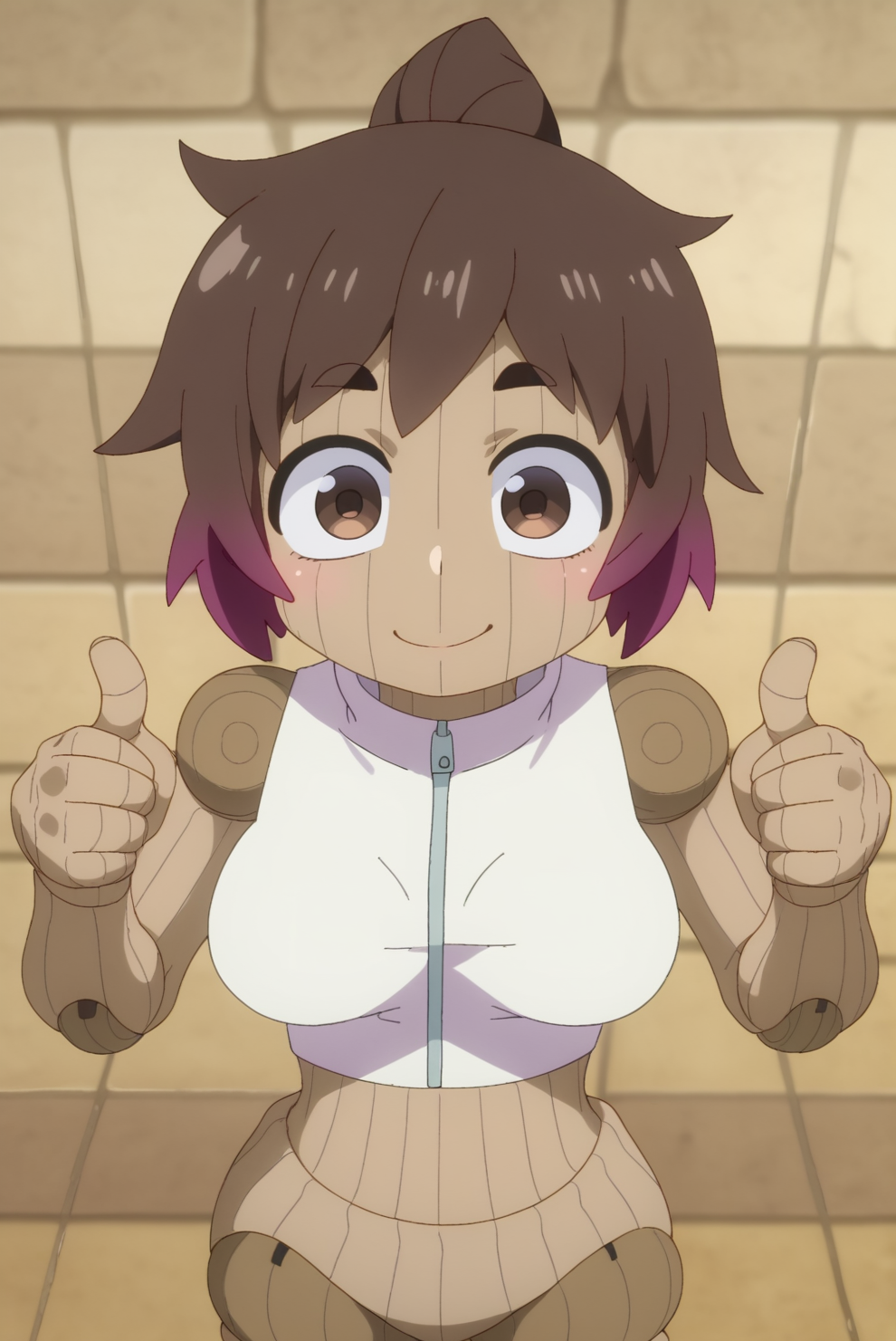 Love Net, brown Eyes, joints, solo, white top, from above, thumbs up <lora:Love_Net:0.8>