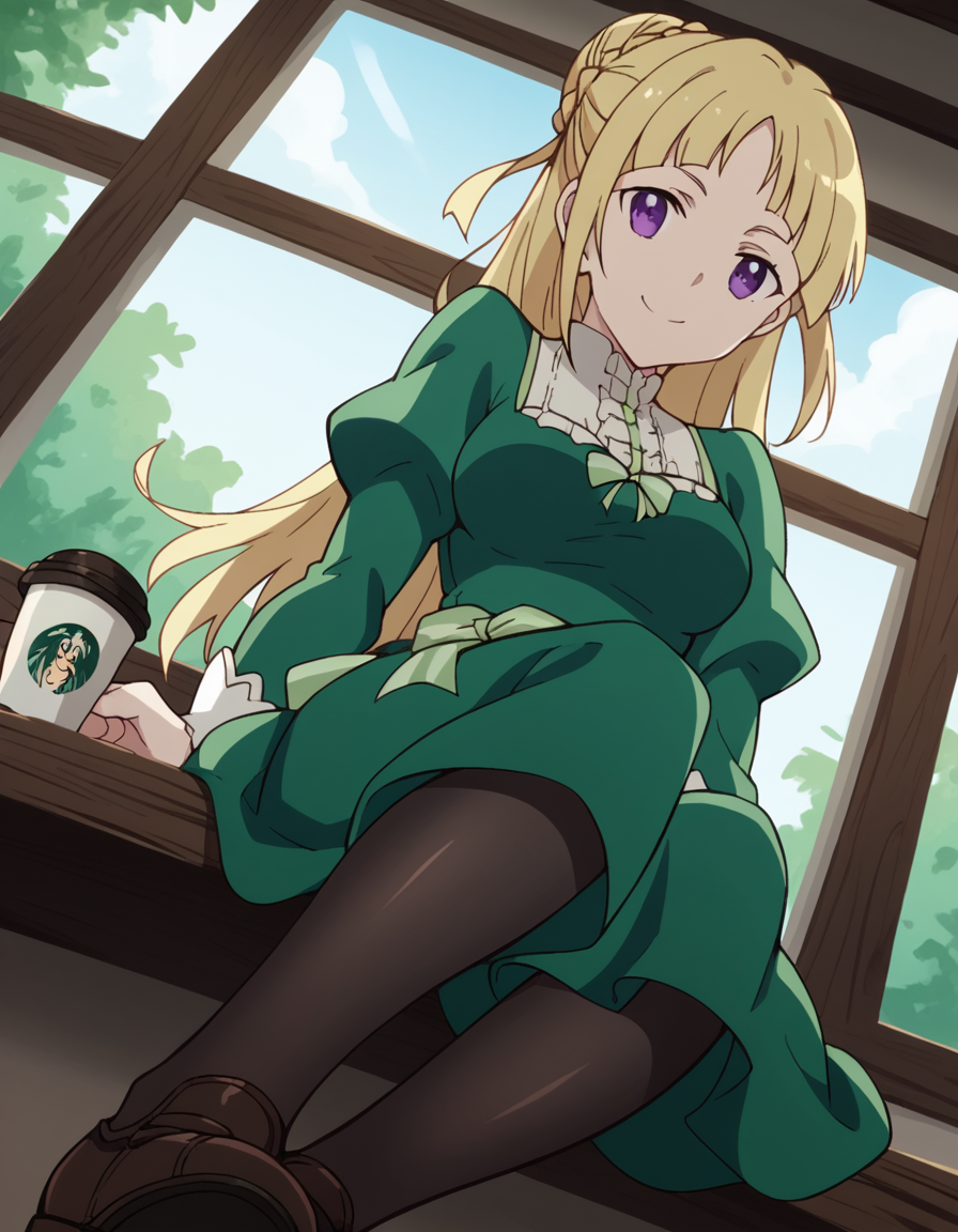 score_9, score_8_up, score_7_up, source_anime, <lora:ortfine-fredericka-von-eylstadt-s1-ponyxl-lora-nochekaiser:1>, ortfine fredericka von eylstadt, long hair, blonde hair, purple eyes, braid, hair bun, single hair bun, medium breasts,, long sleeves, dress, ribbon, pantyhose, shoes, puffy sleeves, brown footwear, green dress, juliet sleeves, frills,, cafe, coffee cup, barista, sitting down, talking, relaxing, sunlight through window, smile, looking at viewer, from below, solo,, dutch angle,