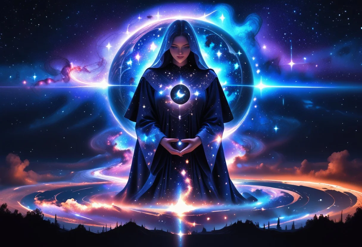 high quality, score_9, score_8_up, source_7_up, very aesthetic, high resolution, newest, depth of field, volumetric lighting, (masterpiece, best quality, ultra-detailed, High detailed), beautiful face, absurdres, masterpiece, best quality, amazing quality, masterpiece,best quality,amazing quality, 8k,
BREAK
girl, scyfi, galaxy, levitating, stardust, ethereal,
dark mage robe, flowing robes, glowing runes around person, ((hands around black orb, black hole in hands)), meditating position,
dark nebula, spectral, stars, galaxies, surreal, detailed, rich_color_palette, light_and_dark, cosmic, mystical, magical, enchanting, infinite, vast, celestial, otherworldly, fantastical,
full body,
dark background, night sky,
arcane, eerie, atmospheric, foreboding, dreamlike, void, space, nebula, stellar, galactic, astral, ethereal, cosmic, otherworldly, fantastical, galaxy