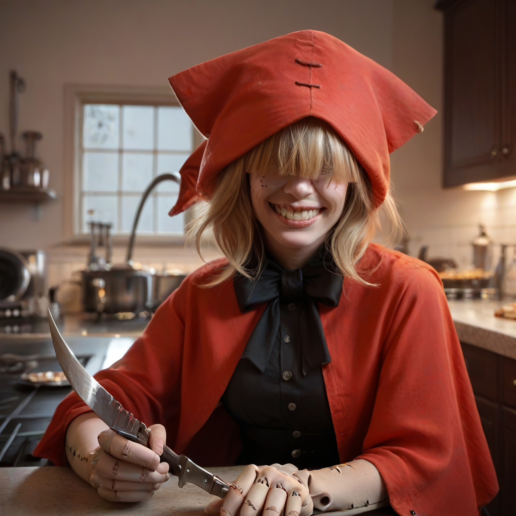 score_9, score_8_up, score_7_up, score_6_up, score_5_up, score_4_up, rating_safe,photo,cinematic,realistic,1girl,solo,chaperomon,cowboy shot,hair over eyes,stitches,grin,holding kinfe,knife,indoors,kitchen,zPDXLrl, zPDXL2, <lora:ChaperomonPony:0.95>