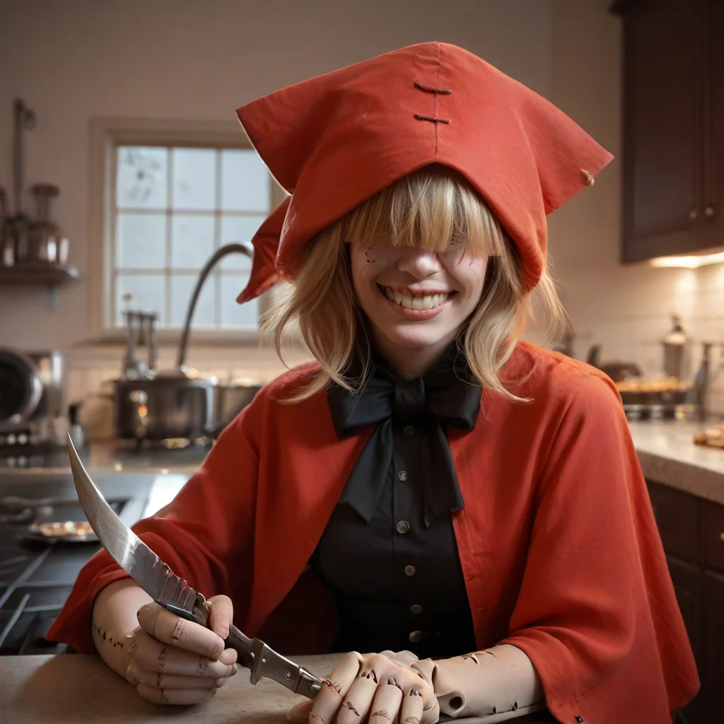 score_9, score_8_up, score_7_up, score_6_up, score_5_up, score_4_up, rating_safe,photo,cinematic,realistic,1girl,solo,chaperomon,cowboy shot,hair over eyes,stitches,grin,holding kinfe,knife,indoors,kitchen,zPDXLrl, zPDXL2, <lora:ChaperomonPony:0.95>