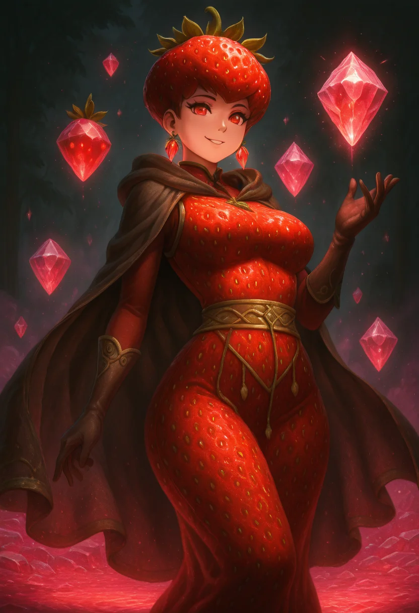 masterpiece, best quality, solo, curvy, beautiful eyes, narrow waist, wide hips, 1girl, solo, smile, looking at viewer, dynamic angle, foreshortening, close up,       strbrry, <lora:StrawberryWorldMorph_IXL_v1:1.0>,[Mirrorbound Light Caster], cloak of reflective hexagonal panels, white silk vest with mirrored accents, prismlens earrings, chromatic sash that glows with refraction, gloves tipped with crystal shards, hovering disc of bent light behind back, crystal room lined with mirrors, radiant pose,