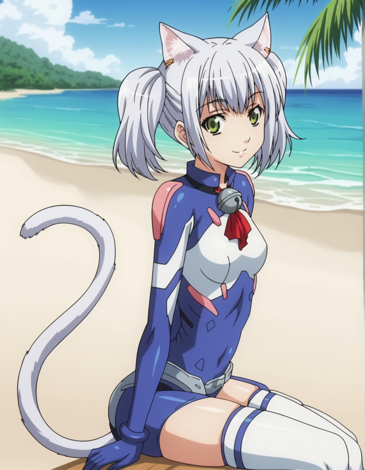 1girl, anime screencap, <lora:VexVexX_Chaika_PONYXL:1>, Chaika, short hair, twintails, bangs, white hair, green eyes, animal ears, cat ears, cat tail, small breasts, deep skin, skindentation, seductive smile, detailed skin, glossy skin, blue bodysuit, bell, white thighhighs, gloves, cowboy shot, from side, sitting, hands behind back, legs together, thighs together, knee up, looking at viewer, outside, beach, ocean, palm trees