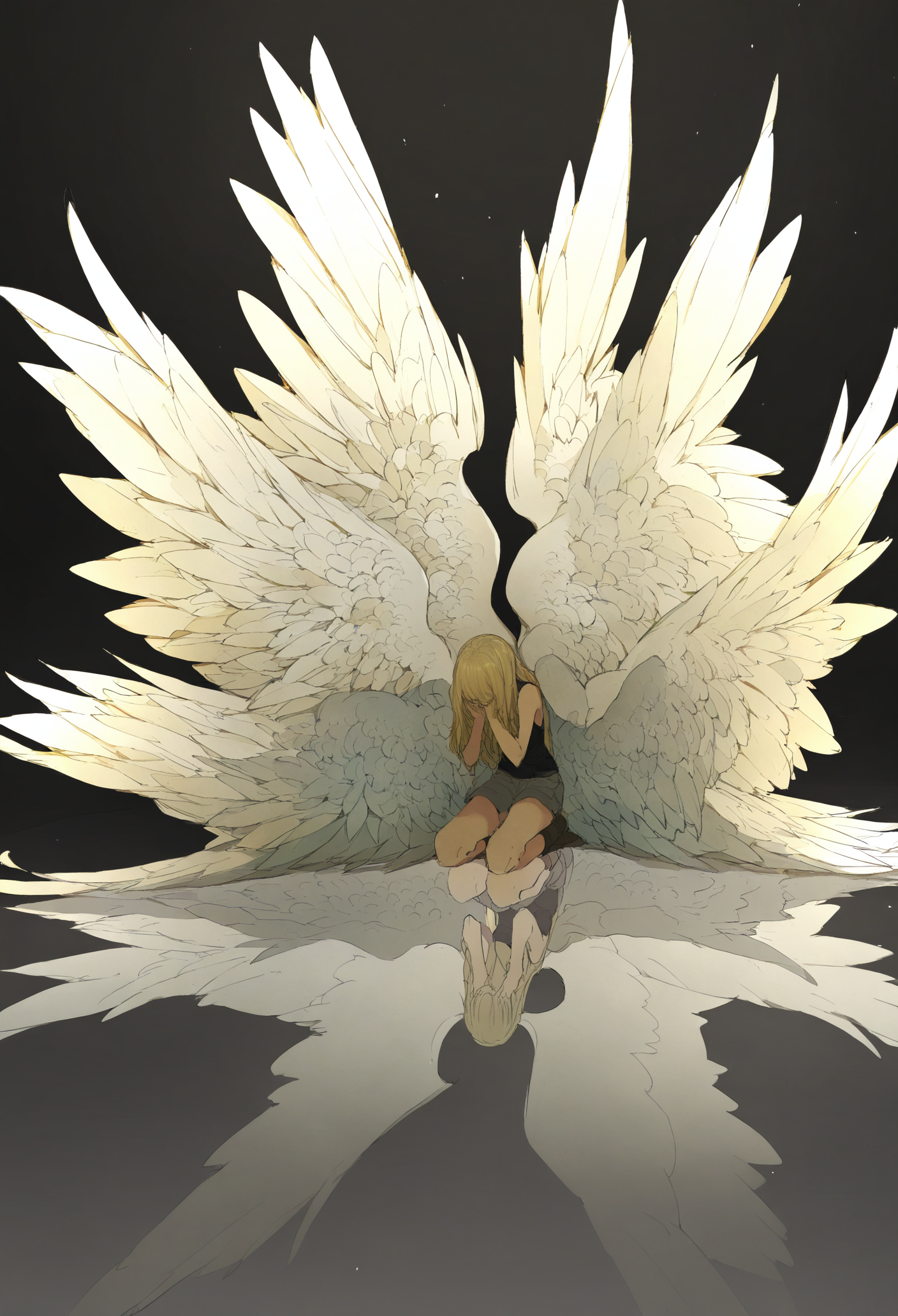 wings, long hair, blonde hair, black background, multiple wings, reflection, 1girl, kneeling, angel wings, feathered wings, angel, sitting 
,masterpiece,best quality,very aesthetic,absurdres,
<lora:åºæ°´fornoob:0.95>