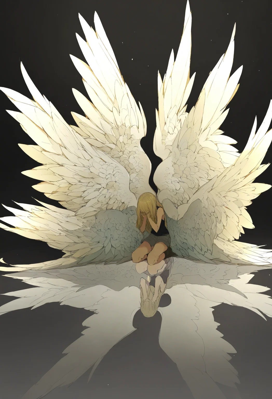 wings, long hair, blonde hair, black background, multiple wings, reflection, 1girl, kneeling, angel wings, feathered wings, angel, sitting
,masterpiece,best quality,very aesthetic,absurdres,
<lora:åºæ°´fornoob:0.95>