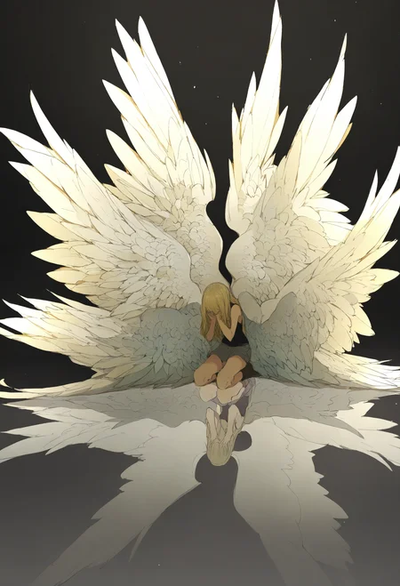 wings, long hair, blonde hair, black background, multiple wings, reflection, 1girl, kneeling, angel wings, feathered wings, angel, sitting
,masterpiece,best quality,very aesthetic,absurdres,
<lora:åºæ°´fornoob:0.95>