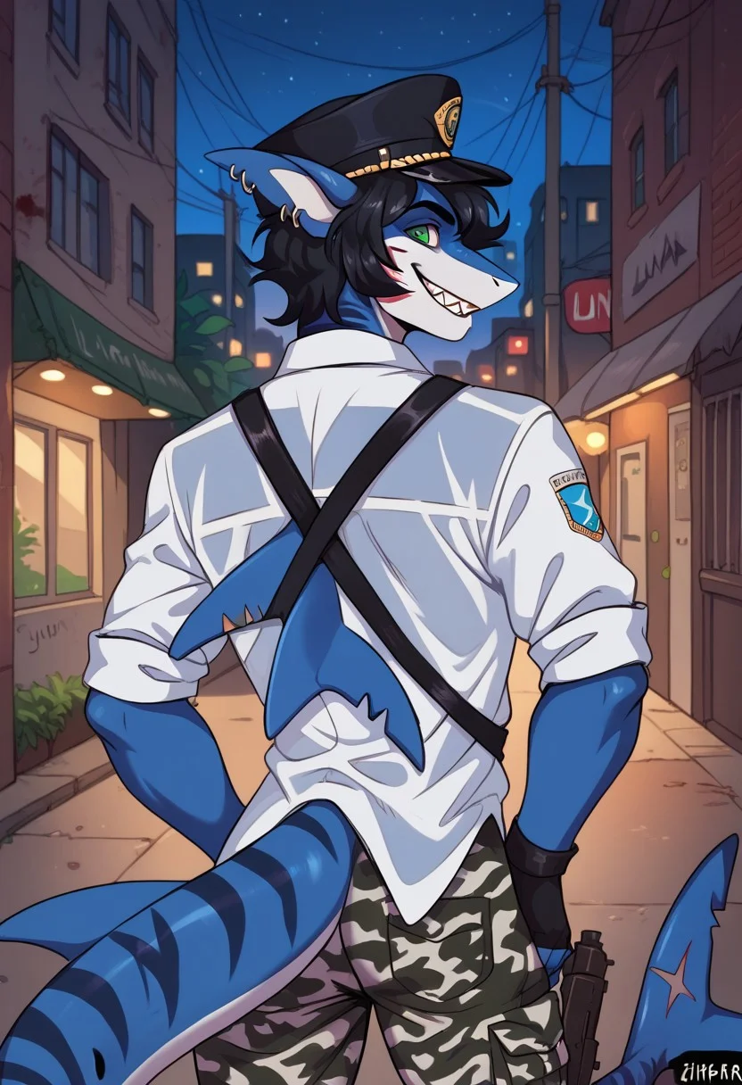 ziffir_stylepxl, score_9, score_8_up, score_7_up, 1boy, solo, lunarsunxl, anthro shark,dark blue skin, stripes on the body, short hair,lush hair,black hair, green eyes, shark tail, ear piercing, BREAK, black officer's cap, long black leather raincoat, black fingerless gloves, white shirt, camouflage pants, rear view turns to the viewer, predatory gaze, crazy eyes, wide smile, shark teeth, bloody face, holding a mauser pistol, background night alley of the city,
