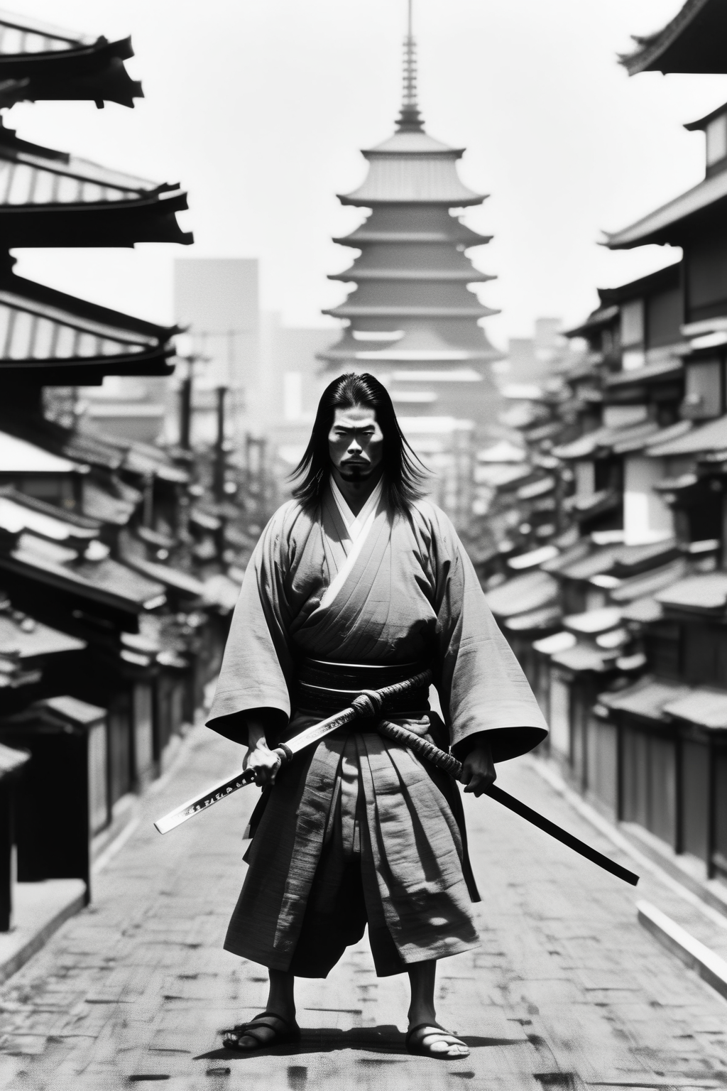 <lora:Director Akira Kurosawa style:1>Director Akira Kurosawa style - Japan, Tokyo, Tokyo Tower, 1960s, black and white, cityscape, empty background, sunlight, a man in the distance, dressed as a samurai in traditional Japanese clothing, holding a single sword, with long hair, portraying covered in scars, wearing straw sandals,