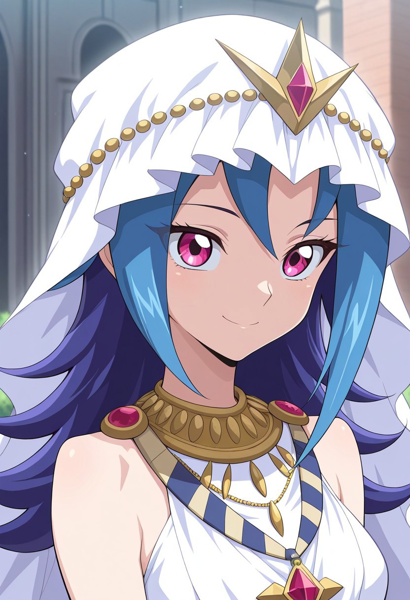 masterpiece,best quality,amazing quality, source_anime,
rioKamishi, 1girl, solo, pink eyes, multicolored hair, purple hair, blue hair, long hair, veil, dress, white dress, sleeveles, jewelry, necklace, portrait, smile,
outdoor,
