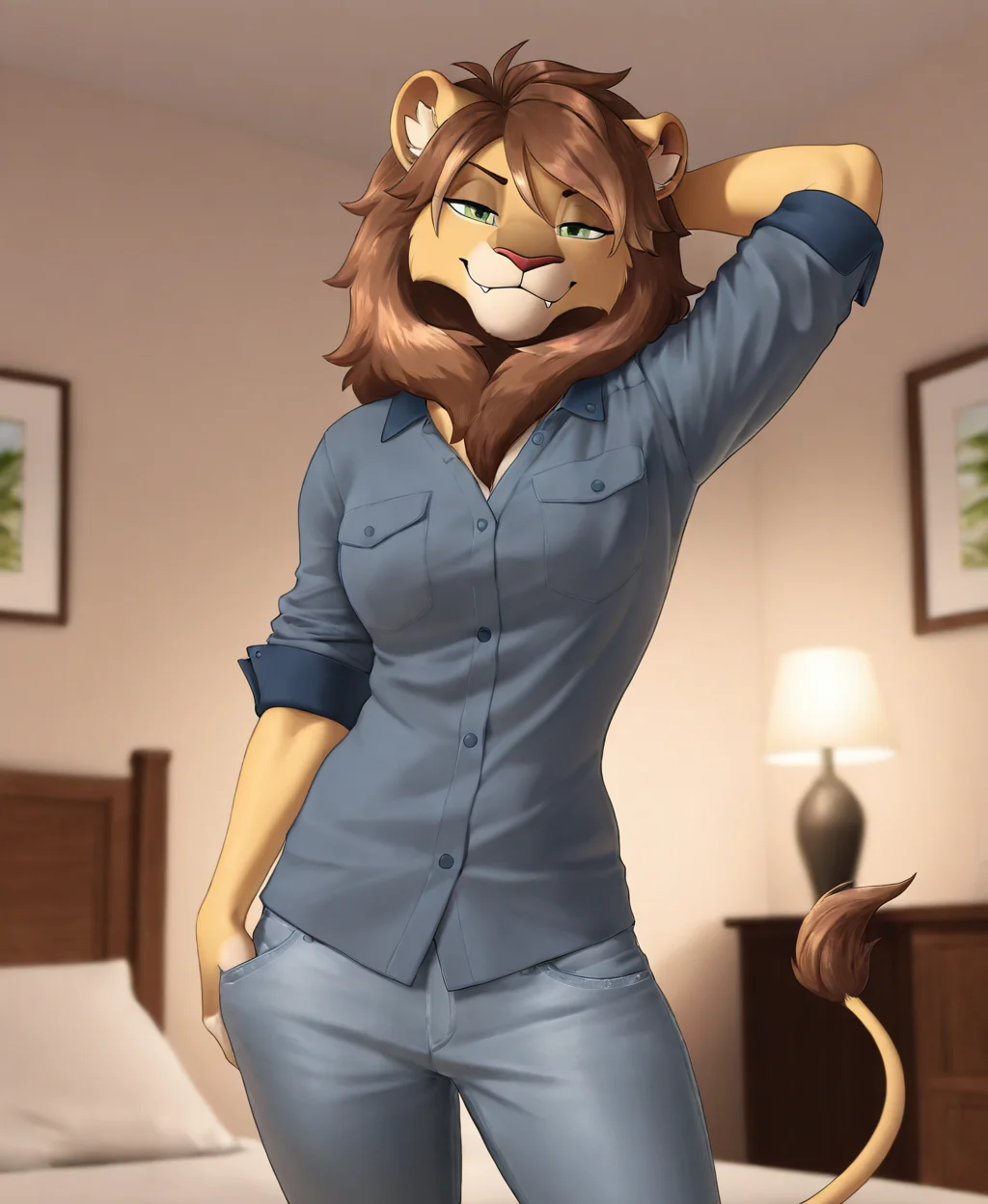 masterpiece, best quality, amazing quality, very aesthetic, high resolution, ultra-detailed, absurdres, newest, scenery, rim light, volumetric lighting, subsurface scattering,
<lora:amorousill:0.95>, amorous-dustin, anthro, lion, hair, 1boy, lion tail, (athletic), cowboy shot, green eyes, fringe, smug, smirk, confident, fangs, looking at viewer, white ear fluff, ear peircing, dark grey button denim shirt, rolled-up sleeves, chest pocket, grey pants, BREAK
detailed eyes, depth of field, photorealistic details, indoors, bedroom, warm atmosphere, dappled lighting, (detailed background), zPDXL2, by zaush