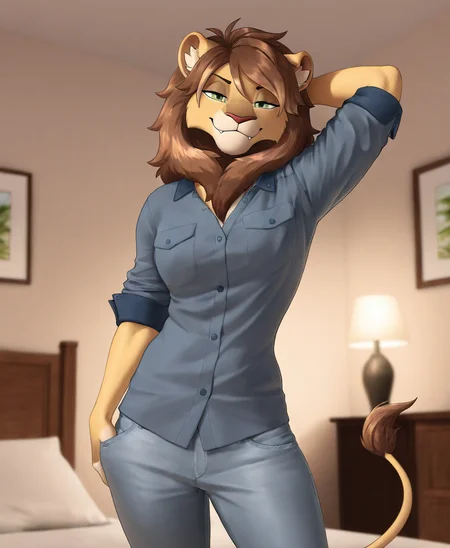 masterpiece, best quality, amazing quality, very aesthetic, high resolution, ultra-detailed, absurdres, newest, scenery, rim light, volumetric lighting, subsurface scattering,
<lora:amorousill:0.95>, amorous-dustin, anthro, lion, hair, 1boy, lion tail, (athletic), cowboy shot, green eyes, fringe, smug, smirk, confident, fangs, looking at viewer, white ear fluff, ear peircing, dark grey button denim shirt, rolled-up sleeves, chest pocket, grey pants, BREAK
detailed eyes, depth of field, photorealistic details, indoors, bedroom, warm atmosphere, dappled lighting, (detailed background), zPDXL2, by zaush