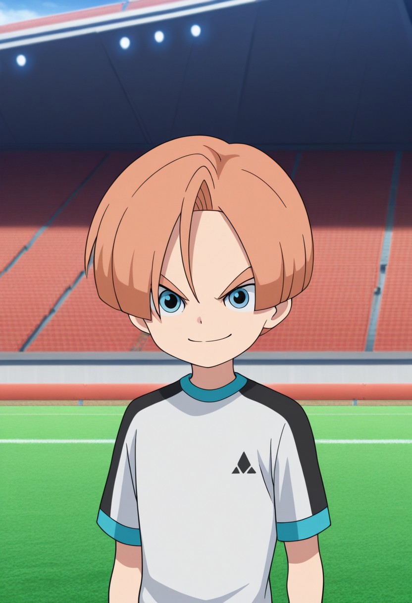 masterpiece,best quality,amazing quality, source_anime,
malikkuabel, 1boy, male focus, solo, blue eyes, orange hair, orion trainee soccer uniform, white shirt, smile, determined,
outdoor, stadium, grass,