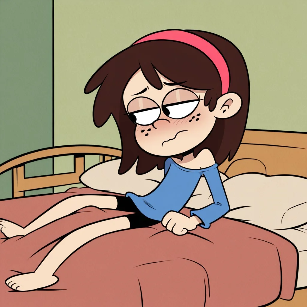 Sid Chang, brown hair, freckles, Pink hairband, blue shirt, long sleeves, bike shorts, 1girl, solo, looking away, toon \(style\), masterpiece, best quality, amazing quality, very aesthetic, absurd, half closed eyes, off shoulder, nervous, BREAK, bedroom, laying on bed, pov,