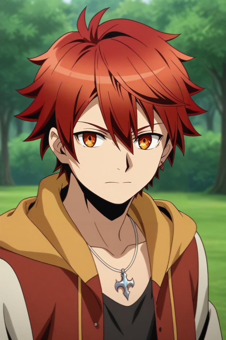 score_9, score_8_up, score_7_up, , rating_safe, , anime screencap, anime coloring, , looking at viewer, depth of field, 1boy, solo, male focus, <lora:akane_divine_gate_pony:0.92>, akane_divine_gate, red hair, orange eyes, short hair, hair between eyes, , , gothic costume, <lora:sdxl_lightning_8step_lora:1>