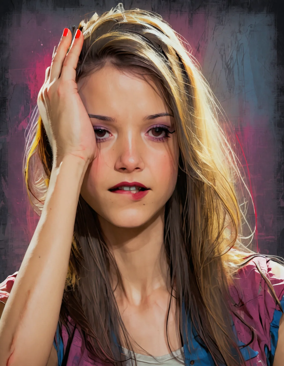 (character concept art:1.5), a beautiful woman,biting own lip, aroused, long hair, portrait, (smile:0.4), seductive gaze, comic book art, rough colored sketch, half-closed eyes, (hand in own hair, arms up, adjusting hair, arm behind head:1.4), dark background,