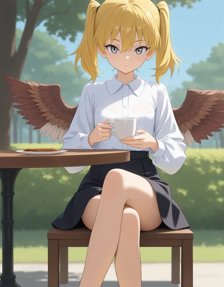 masterpiece, best quality, 1girl, takane-chan, twintails, white dress, collared dress, black skirt, sitting, legs crossed, holding cup, table, outdoors, expressionless