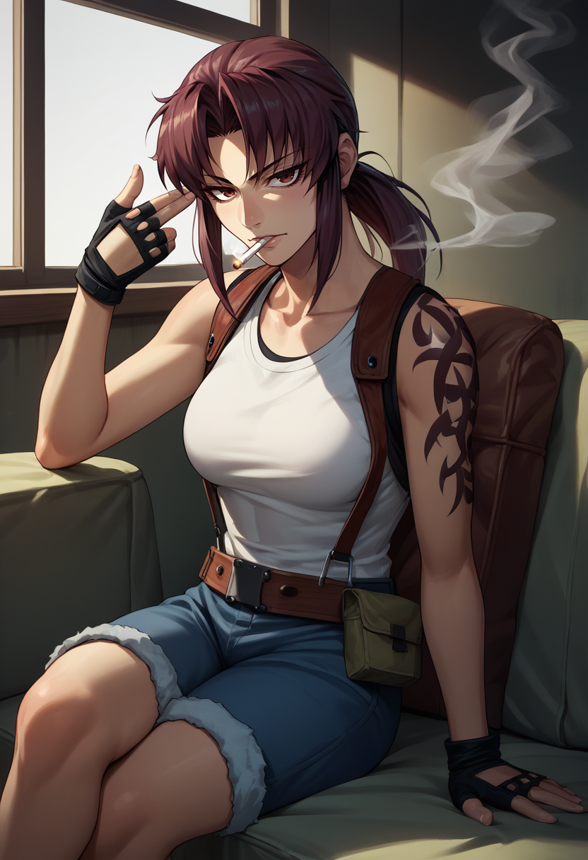 score_9, score_8_up, score_7_up, source_anime, 1girl, finger gun to head, <lora:FingergunToHead_XLPD:1>, revy (black lagoon), sitting, wariza, smoking,