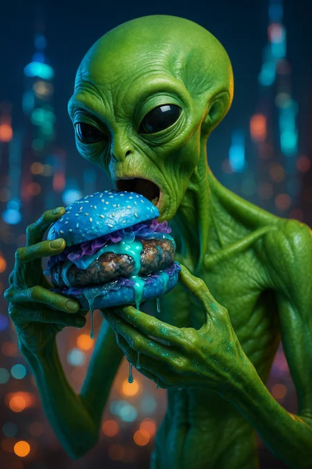 A hyper-realistic, ultra-detailed photograph of a tall, skinny green alien taking a big bite from a futuristic blue burger. The alien has slender, elongated limbs, glowing green skin, large almond-shaped black eyes, a smooth bald head, and subtle cheek ridges. Each hand has three long, slightly webbed fingers with bioluminescent markings and textured skin, delicately holding the striking blue burger. The burger features a glossy electric blue bun with shimmering seeds, filled with translucent purple lettuce, glowing teal sauce, and a thick, marbled patty with iridescent blue and silver hues, dripping futuristic juices onto the alien’s three-fingered hands. The alien’s mouth is open wide, revealing a toothless, wrinkled mouth like an old man, with an expression of hungry satisfaction. Behind the alien, a futuristic, glowing cityscape with neon-lit skyscrapers and floating vehicles adds a vibrant sci-fi atmosphere. The background is softly blurred with a bokeh effect, focusing on the alien and burger. Shot as if with a Canon EOS R5 and 85mm f/1.2 lens, capturing every pore, skin texture, and bioluminescent detail in vivid, lifelike color and stunning 8K resolution, with dramatic, cinematic lighting.