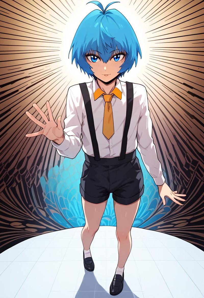score_9, score_8_up, score_7_up, PramSchneiderManwua, male, solo male, , androgynous, Male, Blue hair, Short hair, Light skin, blue eyes, White shirt, Black suspenders, Yellow necktie, Black shorts, Slim Body, petite body, , extremely detailed, shading, Expressiveh, zPDXL3, perfect lighting, looking at viewer, elegant, psychedelic background, pattern background, motion lines, shadow, masterpiece, perfect hands, handfeet, full-length portrait, full body, 3DMM,