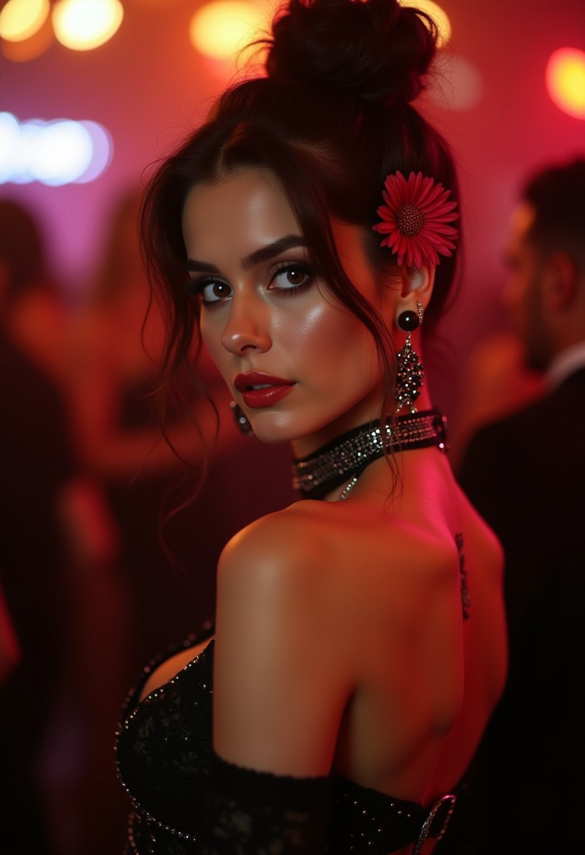 full body shot photo of an exotic stunningly sexy brunette turkish woman wearing chic and seducing outfit in style of gitane and elegance mixed at a night club. a popy flower attached on the left side of a choker. medium breast. hair in bun. Alluring gaze, Captivating expression, perfect detailed face, detailed symmetric hazel eyes with circular iris, realistic, stunning realistic photograph. Detailed Beautiful Face, Nice Hands, Nice Body. Urban bar Environment, people dancing in the background. Cinematic, Long Shot, Masterpiece, Vibrant, Hyperdetailed, Volumetric Lighting, Hdr, Hyperrealistic, Color Depth, Side Light, Vogue Style, Shot With Nikon, F2. 5, Lens 35 Mm