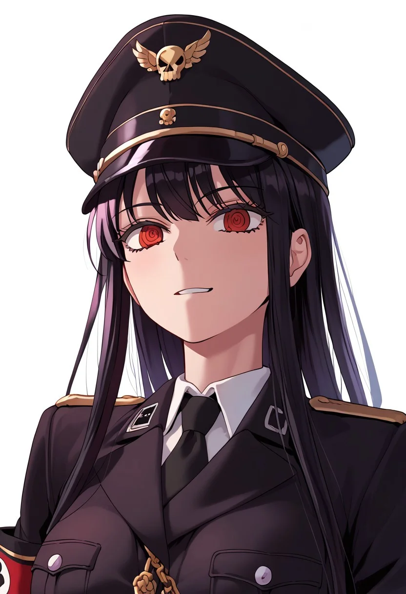 score_9, score_8_up, score_7_up, score_6_up, source_anime, 2d, 1girl, psychotic face, sluttish,  <lora:abs slider_last:2>, athletic build, six-packs abs, huge chests, <lora:add_detail:0.3>, beautiful girl, athletic body, cute girl, toned body, toned, girl focus, solo, <lora:ihwa prefectPonyxl:0.9>, long hair, red eyes, black hair, ringed eyes, sidelocks, perfect face, (perfect face, perfect eyes:1.2), short neck, cute girl in her mid twenties, huge chests, detailed eyes, detailed body, <lora:warden-ponyxl-lora-nochekaiser_r1:1>, (((skull hat ornament, uniform, military uniform, black uniform, hat, cap, black cap, armband, collared shirt, open uniforms, swastikas armband))), detailed face, detailed ringed eyes, detailed clothes, detailed skin, ultra-detailed, (upper body), (top quality), extremely detailed, extremely detailed CG, (high resolution), highly detailed, (high quality), (perfect quality), (vibe colors), perfect face, detailed face, extremely detailed hair, masterpiece, best quality,, high quality, UHD, 4K, Intricate Details, extremely detailed wallpaper, perfect lighting, clear background, very beautiful face, psychotic laugh, high detailed nose, perfect nose, no lips