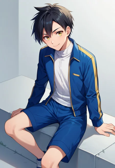 score_9, score_8_up, score_7_up, source_anime, highly detailed,
pokegold, 1boy, male focus, shorts, jacket, solo, black hair, yellow eyes, shoes, shirt, open jacket, blue jacket, sitting,
white shirt, smile, closed mouth, blue shorts, open clothes, track jacket, sneakers, short hair, long sleeves,
outdoor,