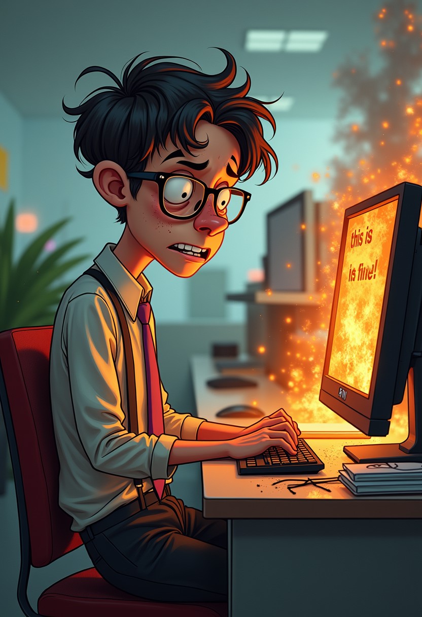 1boy, skinny guy, nerdy, (thick glasses:1.5), bad posture, greasy hair, pocket protector, buck teeth, tie, dress shirt, zits, sweaty, bad hygiene, (overbite:1.5), awkward, geek, nerd, slouching, ugly, weak, thin, disheveled, unkempt, messy hair, weak jawline, napoleon dynamite, dork, stains on clothes,
cubicles, computer, desk, it guy, confused, worried, looking at computer monitor, broken computer, cluttered desk, computer on fire, flames, fire, smoke, this is fine meme,
computer screen reads "this is fine"